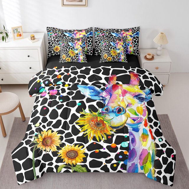 YST Cartoon Giraffe Bedding Comforter Set, 7-Piece, Animal and Floral Theme, King Size