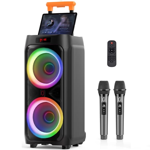 JYX Large Karaoke Machine, Bluetooth Party Speaker with 2 Mics, LED Lights, Portable Karaoke System with Trolley Bar, Wheels & Remote Control, T9
