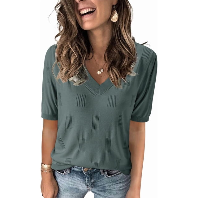 Arach&Cloz Women's V-Neck Short Sleeve Special Rib Knitted Pattern Casual Tops Sweater Spring Summer 2025