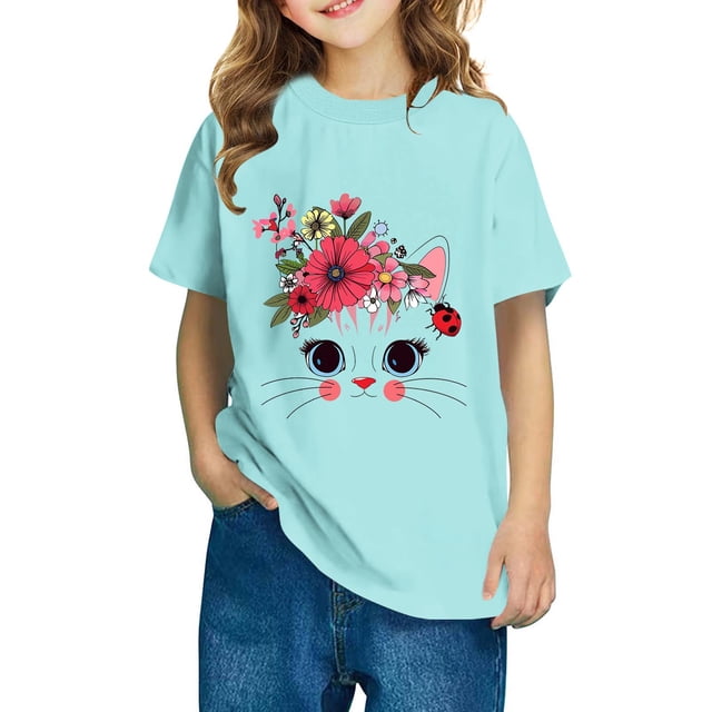 Rbaofujie T-Shirts pour Fille à Manches Courtes, Jolis T-Shirts Graphiques à Col Rond, Imprimé de Chat de Dessin Animé, Hauts d'Été