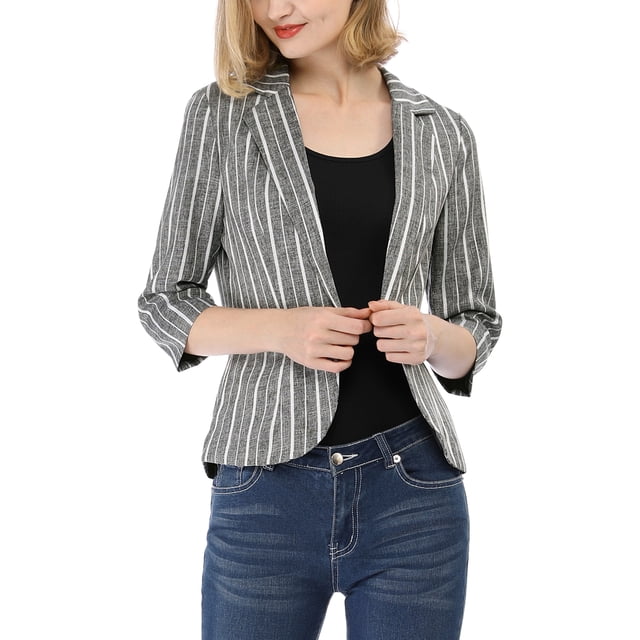 INSPIRE CHIC Blazer à Rayures pour Femme Manches 3/4 Décontracté Ouvert à l'Avant Revers Cranté Blazer L Gris Foncé