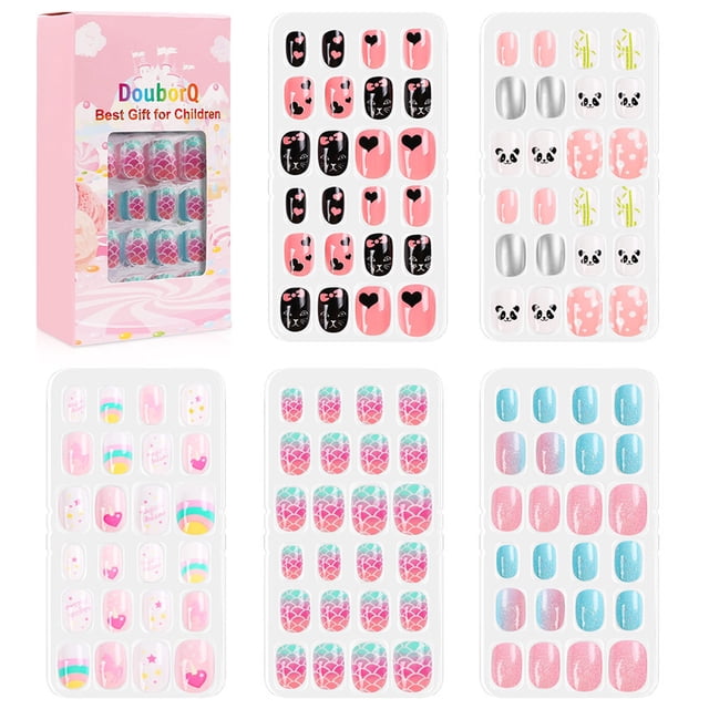 Faux Ongles pour Enfants 120 Pcs Pré-Collés, Couverture Complète, Ensembles de Faux Ongles avec Cinq Boîtes d'Ongles Acryliques Colorés en Divers Modèles, Incluant des Cœurs, des pandas, des Arcs-en-Ciel et des Motifs Pailletés. Chaque Boîte Contient 24 Ongles de Tailles Différentes, Pré-Collés pour une application Facile. l'Emballage Rose Présente des illustrations Fantaisistes, Idéal pour les Enfants et les occasions de Cadeaux.