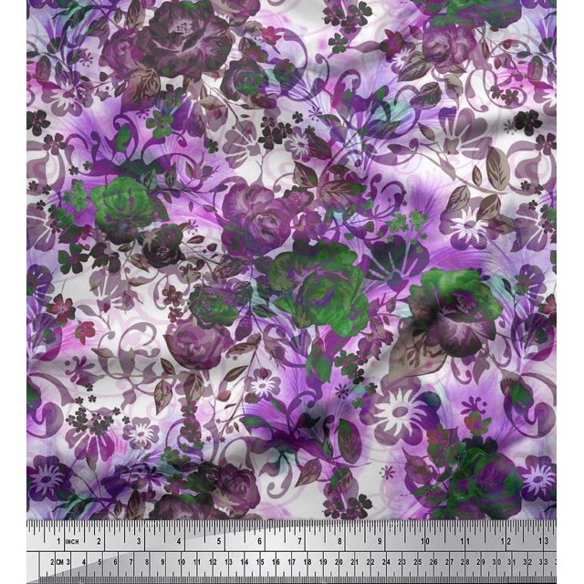 Soimoi Tissu Satin Modal Feuilles et Imprimés de Fleurs de Roses au Mètre 42 Pouces de Large