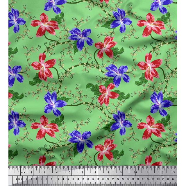 Soimoi Silk Fabric Leaves & Azalea Floral Print Sewing Fabric Yard 42 Inch Wide