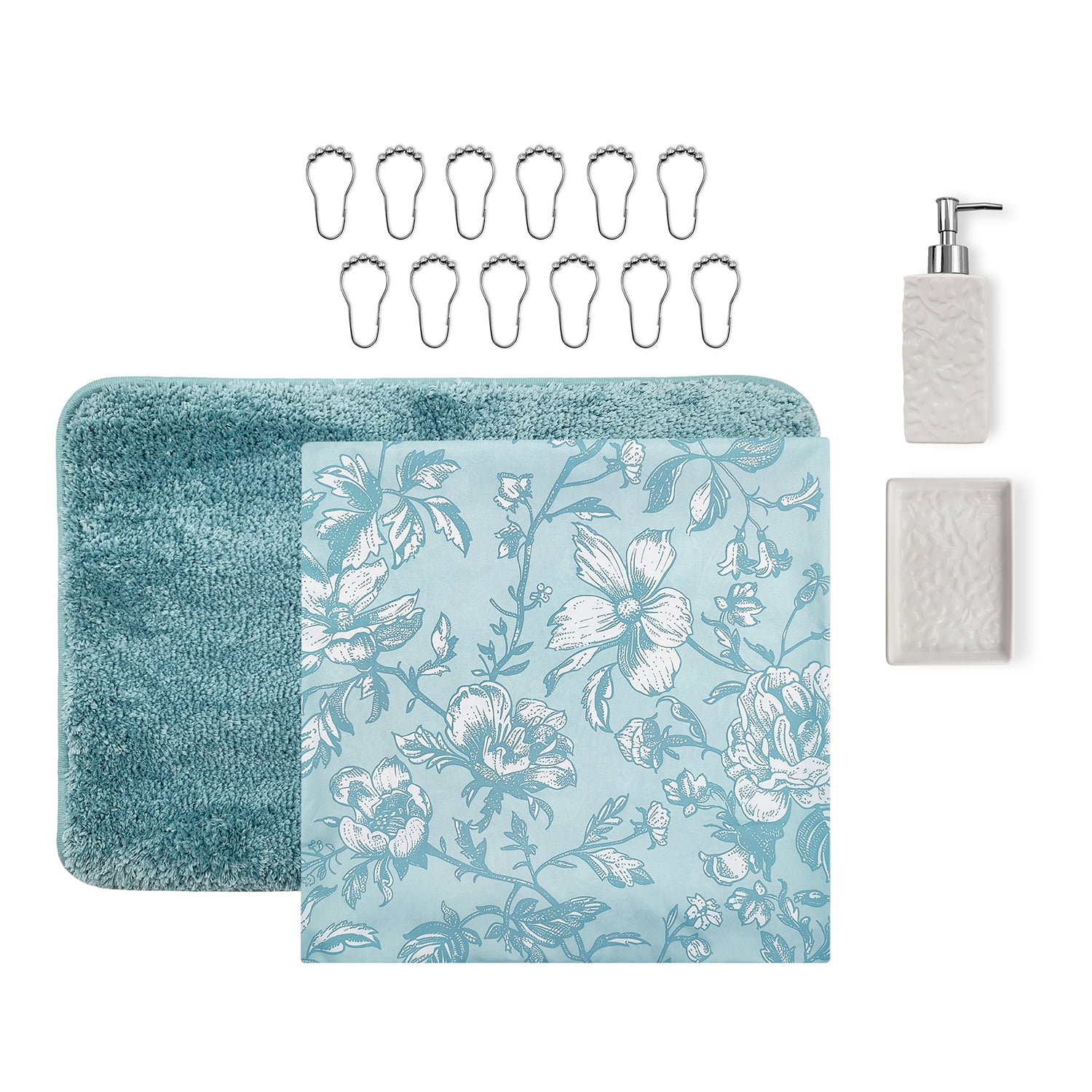 Ensemble de salle de bain Mainstays de 16 pièces à fleurs bleues – Rideau de douche en tissu avec tapis, crochets, distributeur de savon et plateau
