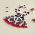 thumbnail image 3 of Plaid Square Neck Fly Sleeve Layered Dress with Belt+ Bowknot Headband, 3 of 9