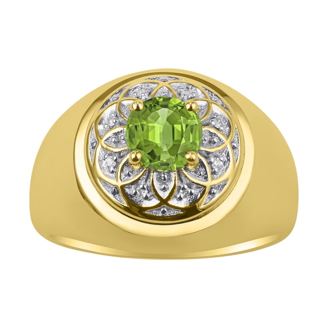 RYLOS Men's Rings Yellow Gold Plated Silver Designer Gypsy 7MM Round Gemstone & Diamond Ring Peridot August Size 13