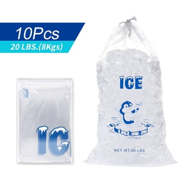 MYG Large Capacity Transparent Ice Bag with Drawstring, Heavy-Duty PE Material for Cube Holder, Multi-Use for Parties, Travel, and Outdoor Activities, Clear Printed Design, 10-Pack