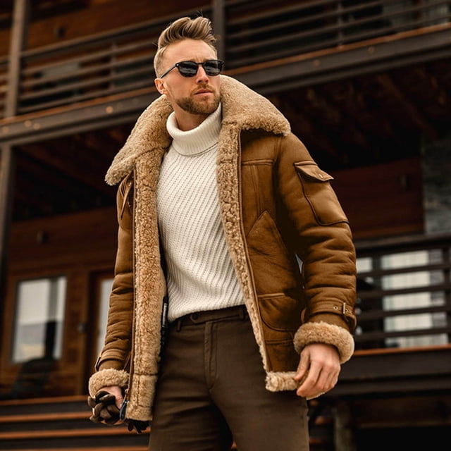 EGNMCR Jackets for Men Men Mid-length Windbreaker Jacket With Lapel Color Suede Coat