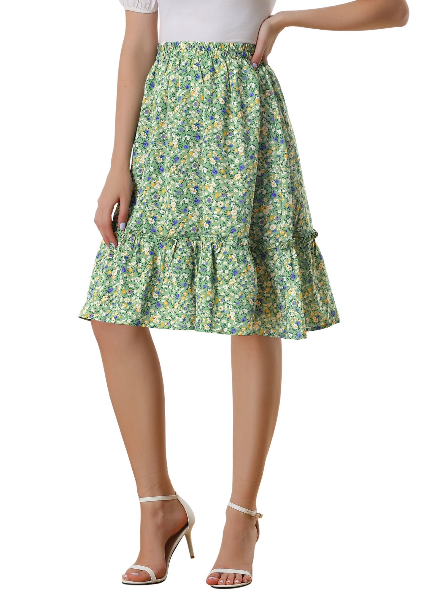 Unique Bargains Women's Ruffle Hem Flowy Tiered A-Line Floral Midi Skirts Green M