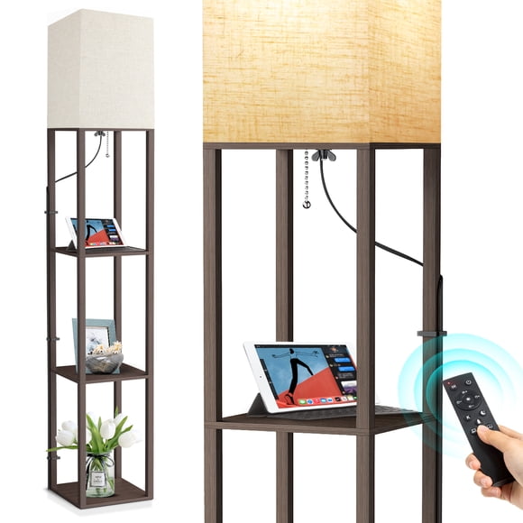 OUTON Floor Lamp with Shelves, 3 Color Temperature with Linenshade, Dimmable with Remote & Pull Chain Switch Control for Living Room, Bedroom, Walnut