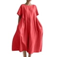 thumbnail image 1 of Robes Caftans en Coton et Lin pour Femmes Grande Taille à Manches Courtes, Amples et Larges, Robe Maxi Plissée à Volants, Longue, Rouge Melon D\'eau, TG, 1 of 3