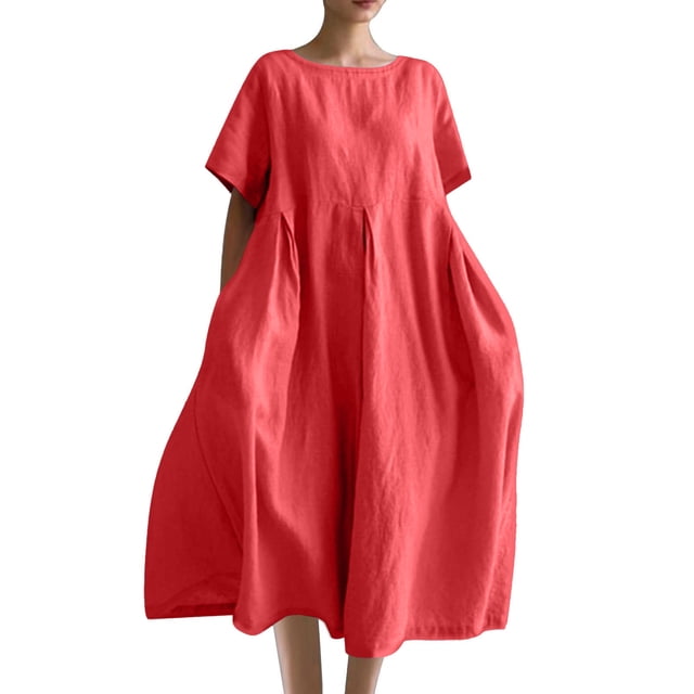 Robes Caftans en Coton et Lin pour Femmes Grande Taille à Manches Courtes, Amples et Larges, Robe Maxi Plissée à Volants, Longue, Rouge Melon D\'eau, TG