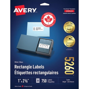 Avery White Rectangle Labels with Sure Feed Technology, Easy Peel, 1" x 2 ⅝",  for Laser and Inkjet Printers - 5260
