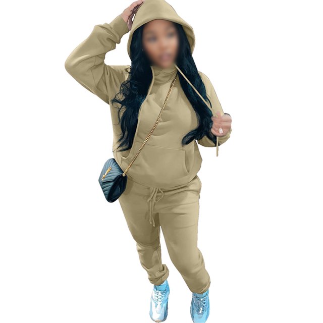 MAWCLOS Ladies Two Piece Outfit Drawstring Tracksuit Sets Long Sleeve Jogger Set Straight Leg Sports Hooded Neck Sweatsuits Khaki XL