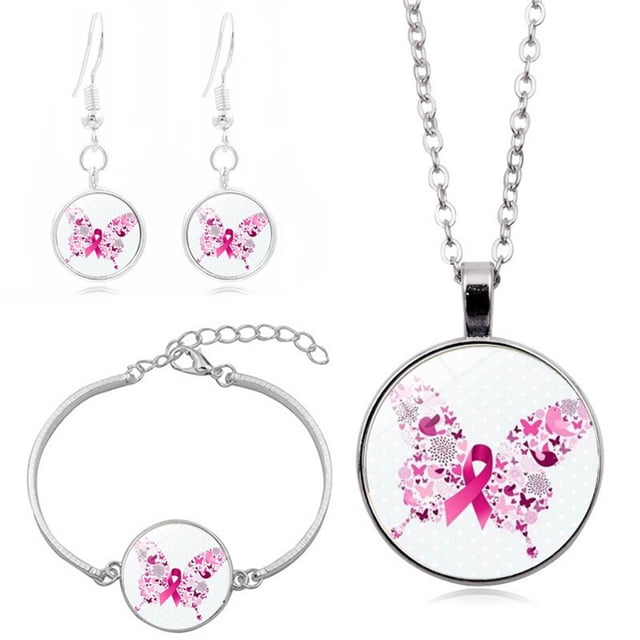 WIFKLSIIPG Flying Angel Wing Ribbon Necklace Bracelet Earrings Set for Women Rose Flower Cancer Awareness Jewelry