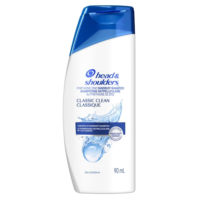 Head & Shoulders Classic Clean Anti-Dandruff Shampoo in a 90 mL white bottle with a blue flip-top cap, featuring blue text and a water splash graphic, formulated for dandruff control, scalp protection, and daily hair care in Canada.