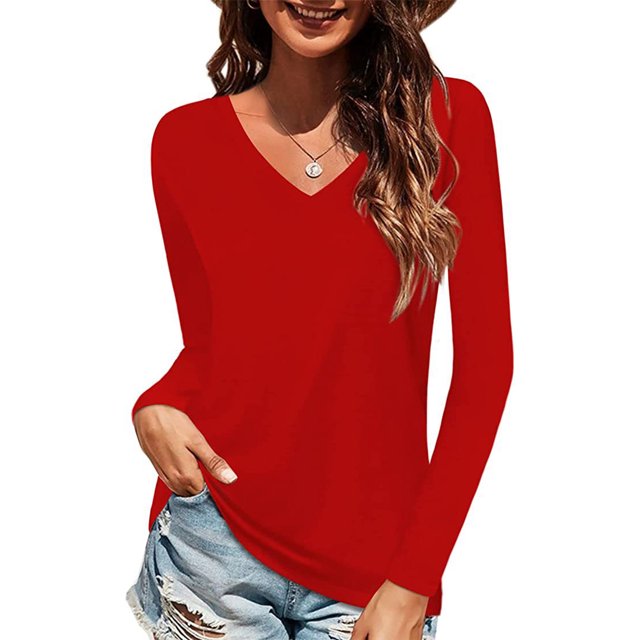 Bellella Women Basic Tops Baggy Solid Color Tee Sport Pullover Red XL