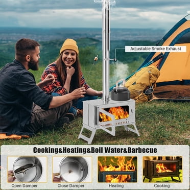 BeesClover Wood Stove for Tent - Foldable & Cylinder Tent Stove with View Glass, Large Stainless Steel Camping Stove with 5 Pipe Chimney for Outdoor Heating, Cooking, Winter Camping