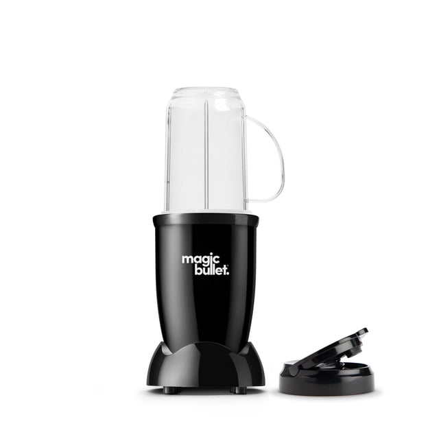 magic bullet® 4 Piece Blender with black 250W motor base, clear tall blending cup with handle, stainless steel cross blade, and black to-go lid, designed for compact countertop blending and chopping in small kitchens.