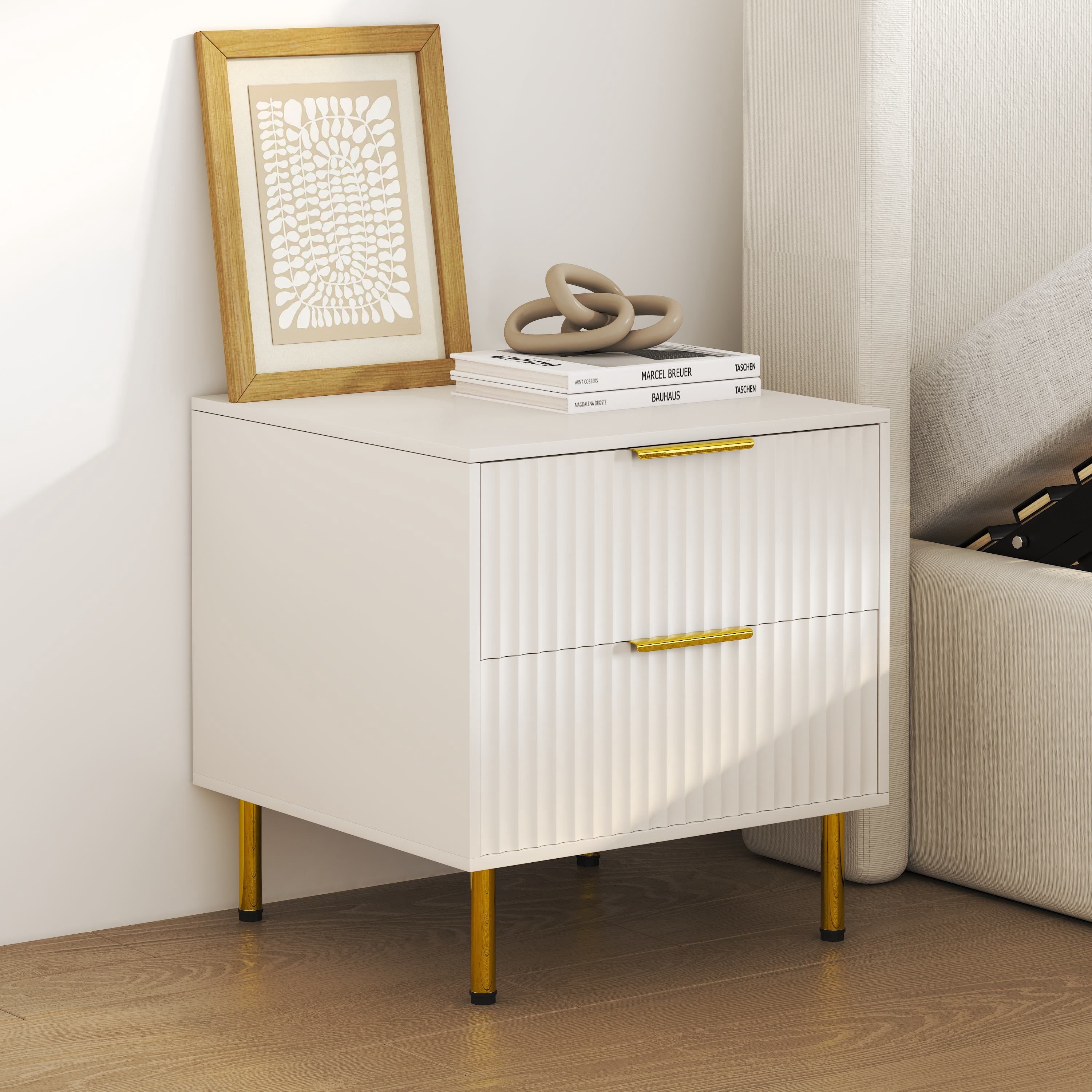 Aykah Cameo Nightstand with Drawers, Bedside Table with 2 Drawers, Golden Colour Metal Legs, Multi-Purpose End Table, Side Table Living Room