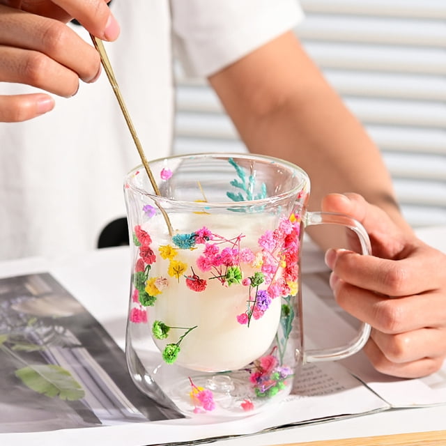 Tasses en Verre à Double Paroi 220/300 ml avec Poignée Isolée Tasses à Café en Verre Transparent Résistantes à la Chaleur Motif Floral Tasse à Boire pour Thé