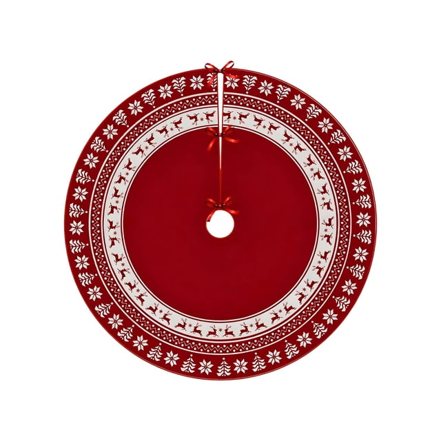 Christmas Tree Skirt Snowflake Reindeer Digital Christmas Tree Skirt Surround with Polyester Ornament Decoration. This multicolor tree skirt features festive digital prints of snowflakes and reindeer on a red background, crafted from quality polyester fabric for durability. Measuring 90cm (35.43 inches) in diameter, it is designed to cover the base of Christmas trees, adding a classic and modern holiday touch. The skirt includes red ribbon ties for secure placement and is suitable for use in homes, malls, hotels, and offices.