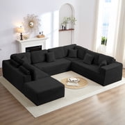 Mjkone 140" Oversized Modular Sectional Sofa,Corduroy U-Shaped Cloud Couch with Movable Ottoman for Living Room,Black