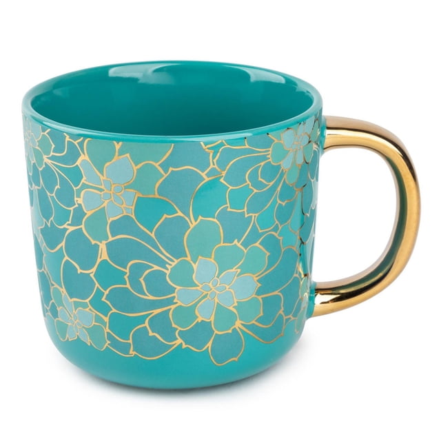 Thyme & Table Stoneware Coffee Mug, 16 fl oz, Succulent, turquoise ceramic mug with gold succulent floral pattern and gold handle, dishwasher and freezer safe, suitable for everyday coffee or tea use at home.