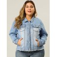 thumbnail image 2 of GRACE & GRANDEUR Women's Plus Size Washed Button Front Frayed Denim Jacket Light Blue 4X, 2 of 6