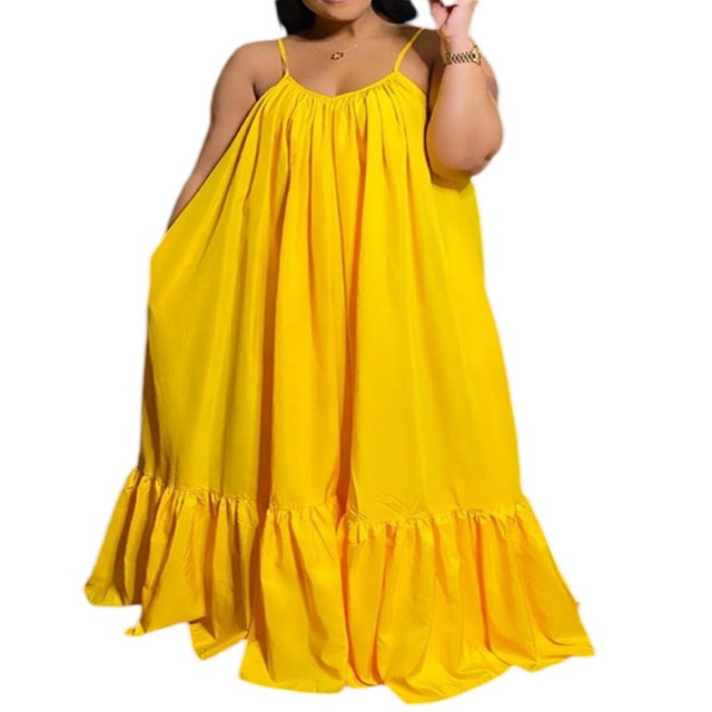 Femmes Été Décontracté Fluide Longue Robe avec Poche Spaghetti Sangle Cou Cou Swing Solide Plage Robe Maxi en Vrac