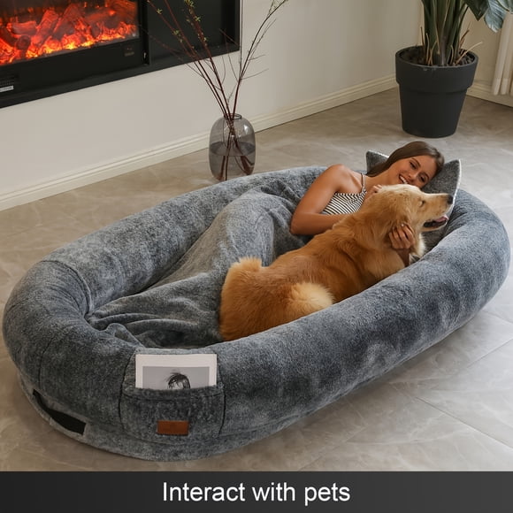 Human-Sized Big Dog Bed For Adults & Pets, Giant Beanbag Bed With Washable Fur