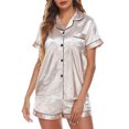 thumbnail image 3 of Women Pajamas Set Short Sleeve Notched Collar Button Down Satin Pjs Sleepwear, 3 of 8