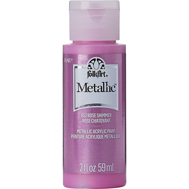 Folkart Metallic Acrylic Paint Rose, 2 fl oz bottle of rose shimmer metallic acrylic paint with a smooth, shiny finish and pink flip-top cap, suitable for arts and crafts projects on wood, canvas, and paper.
