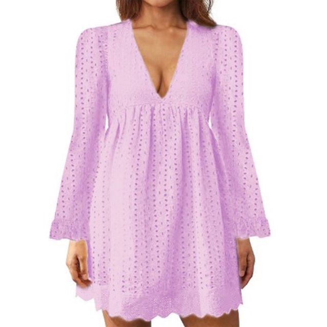 MAWCLOS Ladies Loose Hollow Out Mini Dresses Party Flared Sleeves Short Dress Purple XL