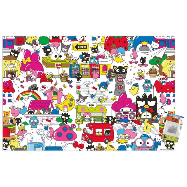Hello Kitty and Friends: Hello - Group Wall Poster, 22.375" x 34", a vibrant wall art print featuring Sanrio characters including Hello Kitty, My Melody, and Badtz-Maru in a colorful town scene with houses, a red bus, and playful details, printed on glossy paper for bright room decor in bedrooms, offices, or dorms.