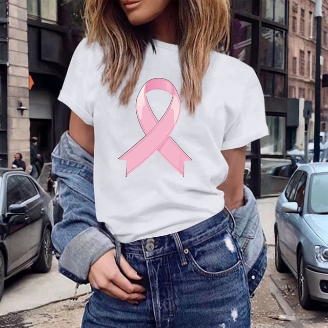 UANWENN T-Shirts Décontractés pour Femmes avec Imprimé Ruban de Sensibilisation au Cancer, Manches Courtes, Col Rond, Style de Base pour le Quotidien, Hauts pour Femmes à Manches Courtes, Chandail Léger Décontracté pour Femmes, Haltérophilie, Long