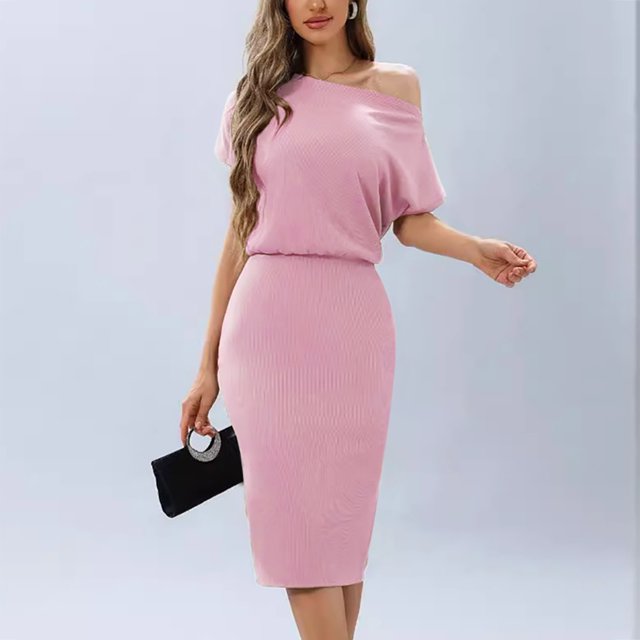 Gspmoly Robes pour Femmes, Mode Été Robe Décontractée pour Femmes à Manches Courtes, Épaules Dénudées, Longueur Genou, Robes de Travail pour Femmes Offres des Fêtes