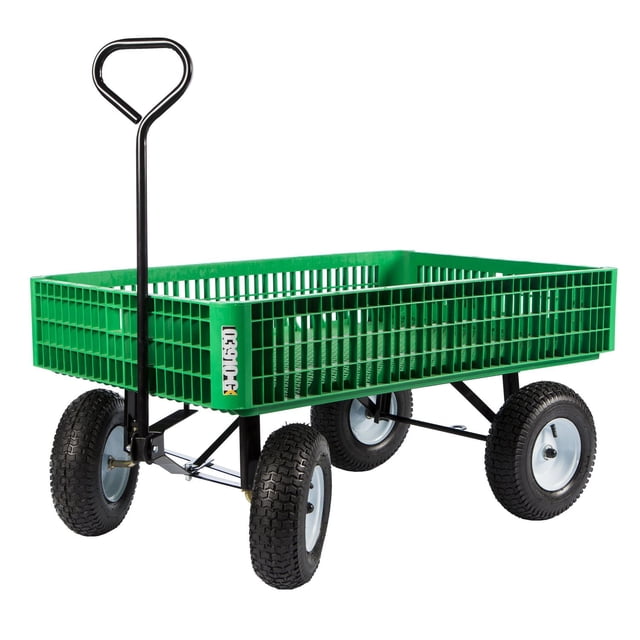 Caisse de Jardin Millside en Plastique 30 Pouces x 46 Pouces Chariot avec Côtés en Plastique Verts à Lattes et Fond pour drainage de l'Eau, Monté sur un Cadre en Métal Noir avec Quatre Pneus Pneumatiques 5 Pouces x 13 Pouces et une Longue Poignée en Métal à Prise Facile, Convient au Transport d'Outils de Jardin et de Plantes sur des surfaces Irrégulières.