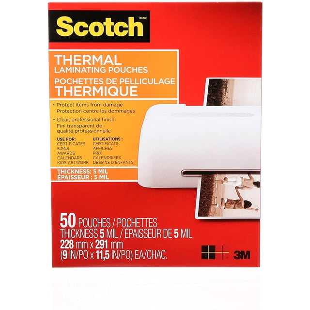 Scotch® Thermal Laminating Pouches TP5854-50-C pack with 50 clear, 5-mil thick letter-size pouches (228 mm x 291 mm) designed for thermal laminators to protect certificates, signs, awards, calendars, and kids artwork with a clear, professional finish, featuring bilingual English and French text and 3M branding.