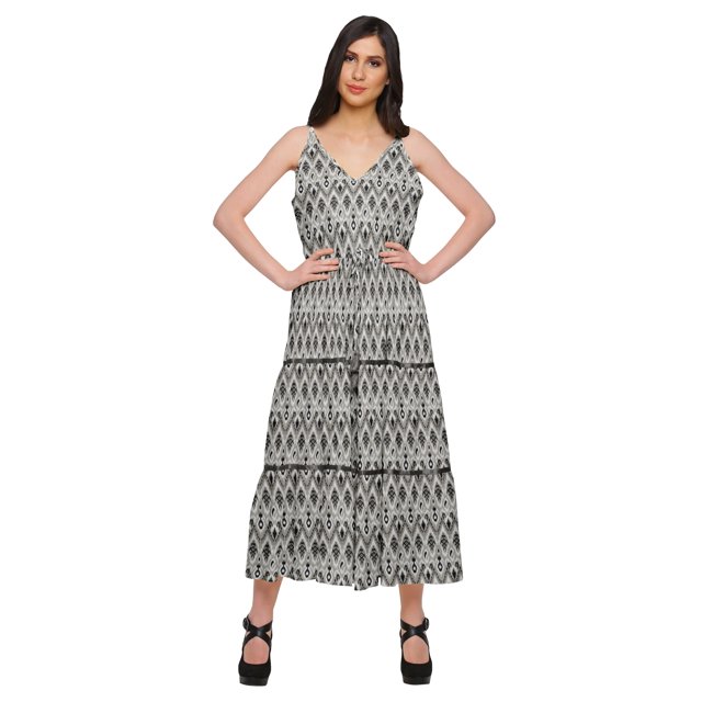 Moomaya Robe Longue Maxi pour Femmes en Coton Imprimé à Bretelles Spaghetti et Col en V
