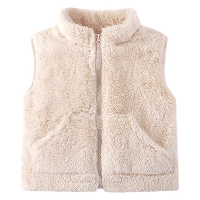 Boys and girls' jackets for babies and children, designed as a beige thickened cardigan with soft fleece material for warmth. The sleeveless vest features a zip closure and two front pockets, suitable for ages 9 months to 6 years. Versatile for layering during fall and spring, and ideal for outdoor activities like running or exercise.