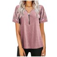 thumbnail image 1 of Birdeem Blouse Décontractée pour Femmes à Col en V, Patchwork, à Fermeture Éclair, Manches Courtes, Ample et Confortable, 1 of 5