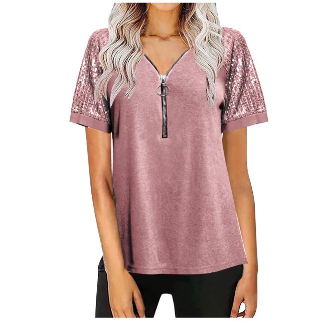 Birdeem Blouse Décontractée pour Femmes à Col en V, Patchwork, à Fermeture Éclair, Manches Courtes, Ample et Confortable
