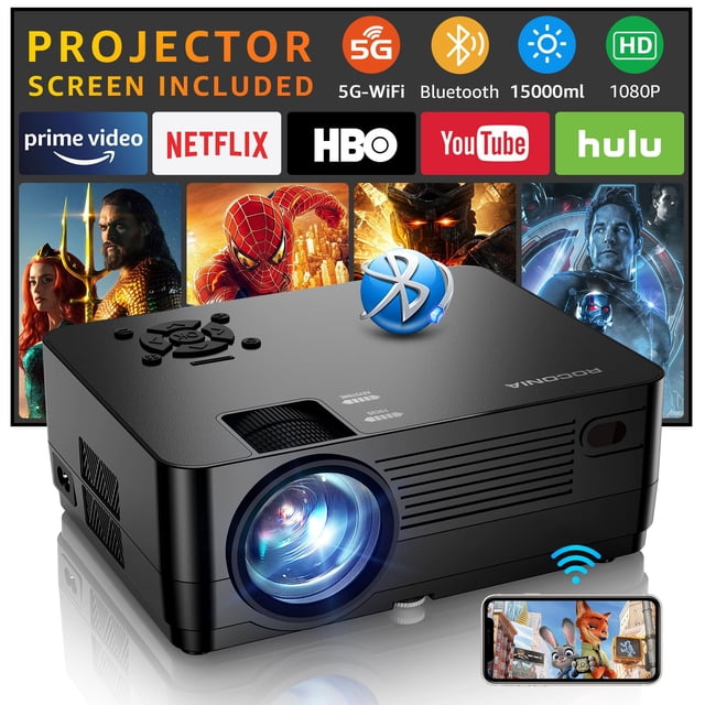 Roconia projector with 5G WiFi and Bluetooth, featuring native 1080P resolution, Full HD visuals, and a 100-inch display screen. The black projector includes built-in HiFi stereo speakers, a brightness rating of 18,000 lumens, and multiple connectivity options such as HDMI, USB, and Bluetooth. Supports screen mirroring for iOS, Android, and Windows devices, making it ideal for home theater setups and outdoor movie nights.