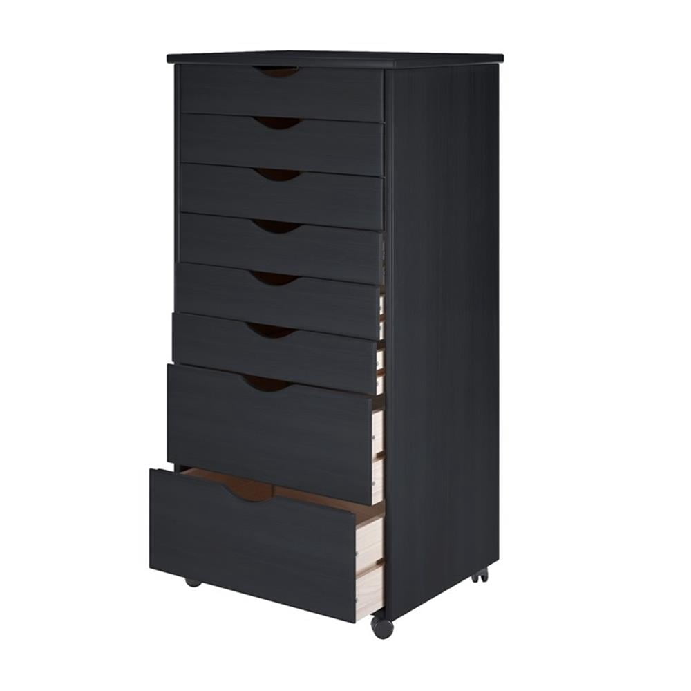 Pemberly Row Modern Solid Wood 6+2 Drawers Wide Roll Utility Cart in Black
