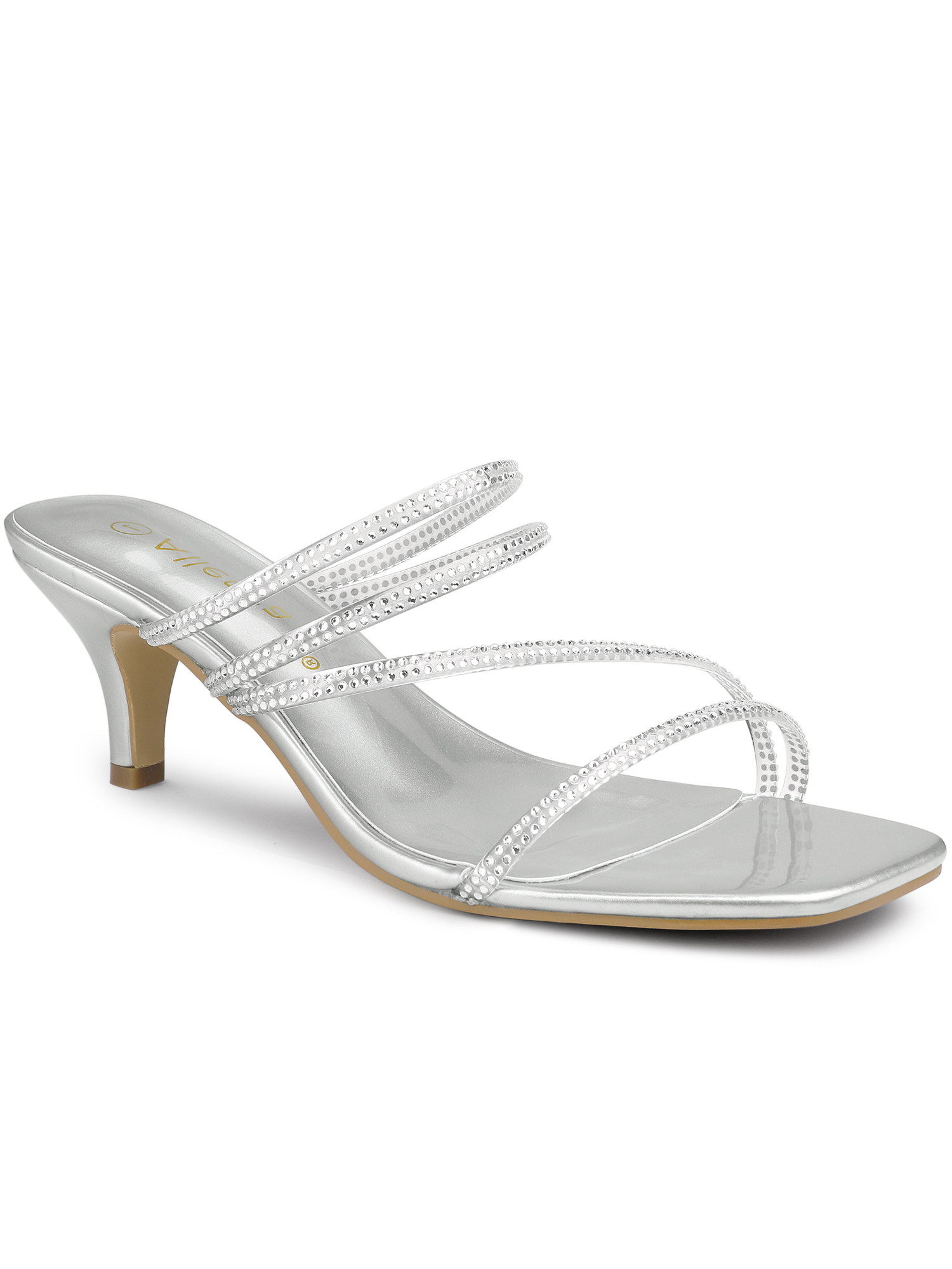 BLISSFUL STEP Women's Slide Sandal Rhinestone Strappy Square Toe Kitten Heel Slide Sandals Silver 7.5