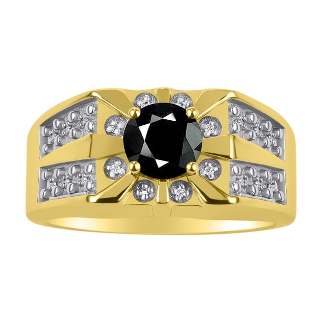RYLOS Men's Rings Yellow Gold Plated Silver Designer Starburst 7MM Round Gemstone & Diamond Ring Onyx October Size 9