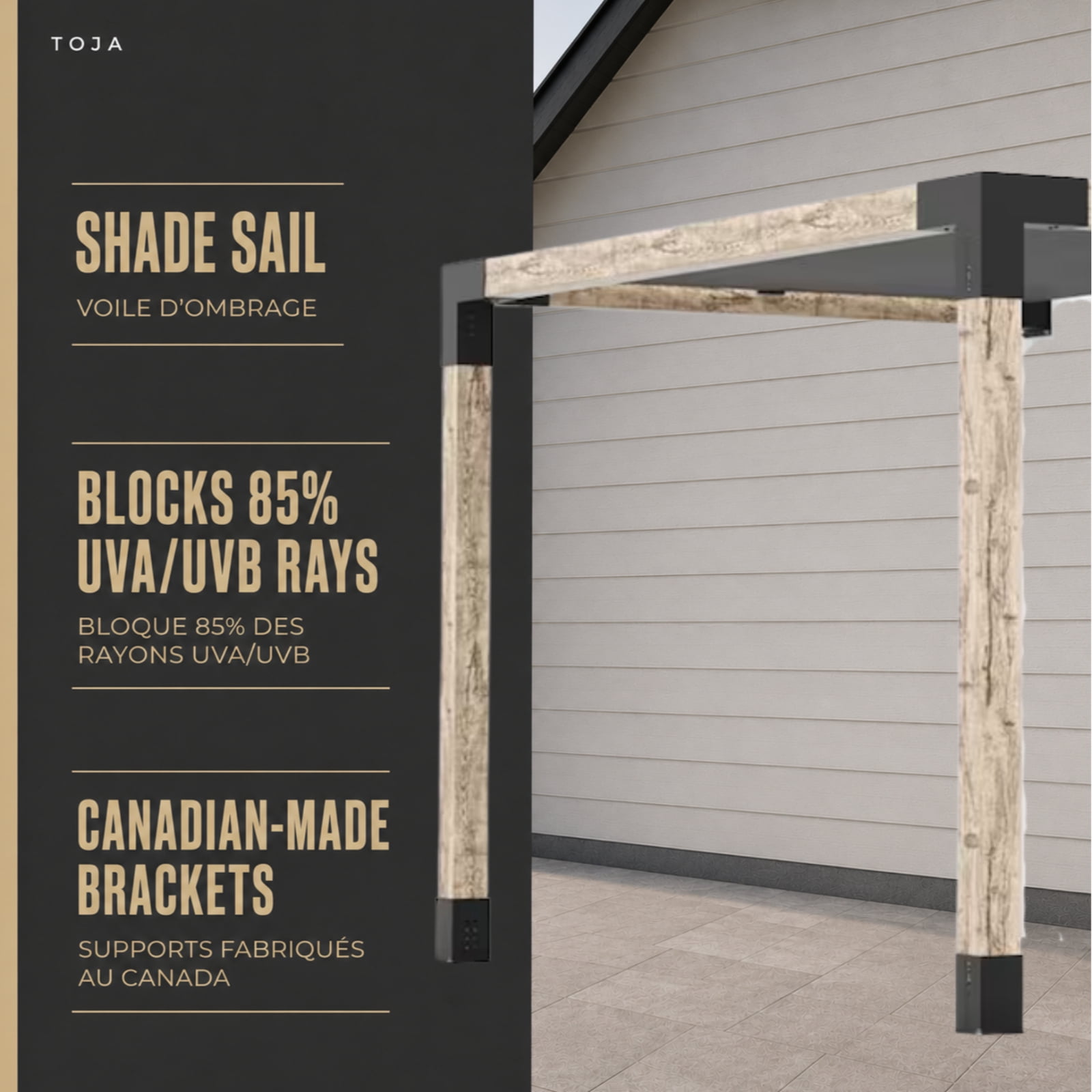Kit de pergola murale Toja 10'x12' avec voile d’ombre en graphite pour poteaux en bois 6x6