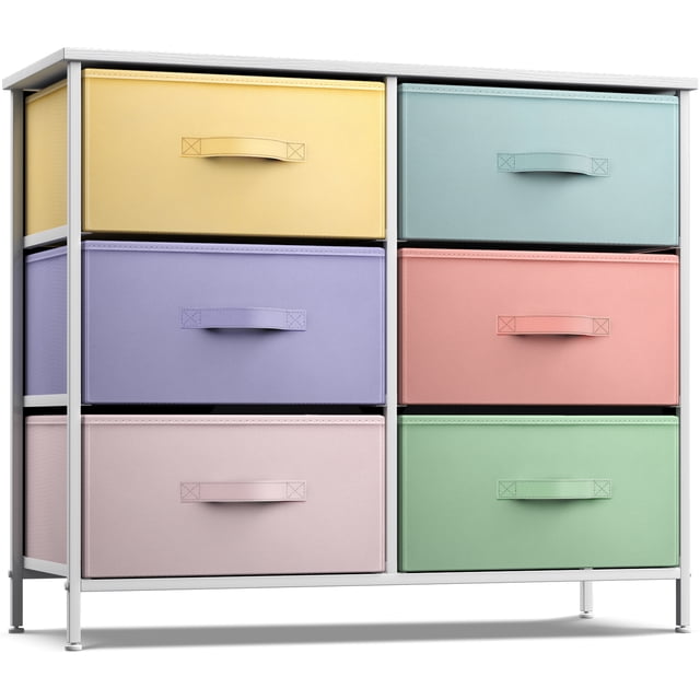 Sorbus Commode de Rangement pour Adultes à 6 Tiroirs en Panneau de Fibres de Densité Moyenne au design Multicolore. Dotée d'Un Cadre en Acier Robuste, d'Un Dessus en Bois MDF avec une Finition Inspirée du Marbre, et de six Tiroirs en Tissu dans des Nuances pastel de Jaune, Violet, Rose, Vert, Bleu et Pêche. Parfaite pour Organiser les Vêtements, le Linge et les Articles Ménagers, et Convient comme Bac de Rangement Ou Commode d'Organisation. Mesure Environ 31,50” L x 11,75” L x 24,62” H.